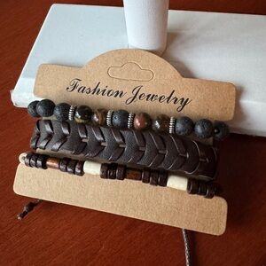 Brown Leather Adjustable and Stretch Bracelets Set